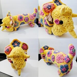 26" Handmade Crochet Granny Square Floral Triceratops Dinosaur Knit Large!